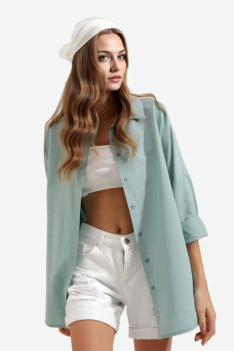 Big Dart Mint Green BDART Oversized Patterned Poplin Shirt With Button Closure for Women | Best Price UAE