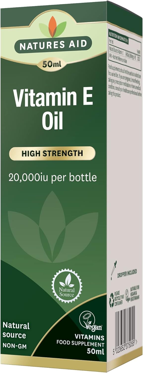 Natures Aid Vitamin E Oil 20000iu 50ml Natural Source Antioxidant for Skin Cells High Strength Vegan NonGMO GlutenFree Supports Healthy Skin Tone Cardiovascular Health - Image 1
