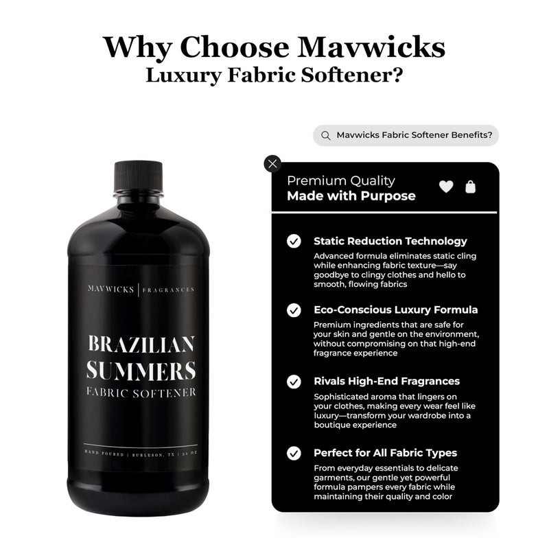 Mavwicks Fragrances - Luxury Scented Liquid Fabric Softener (Brazilian Summers) 32 Oz â€“ Crafted with Clean Ingredients â€“ Reduces Static, and Softens Clothes â€“ Safe for All Fabrics and Skin - Image 2