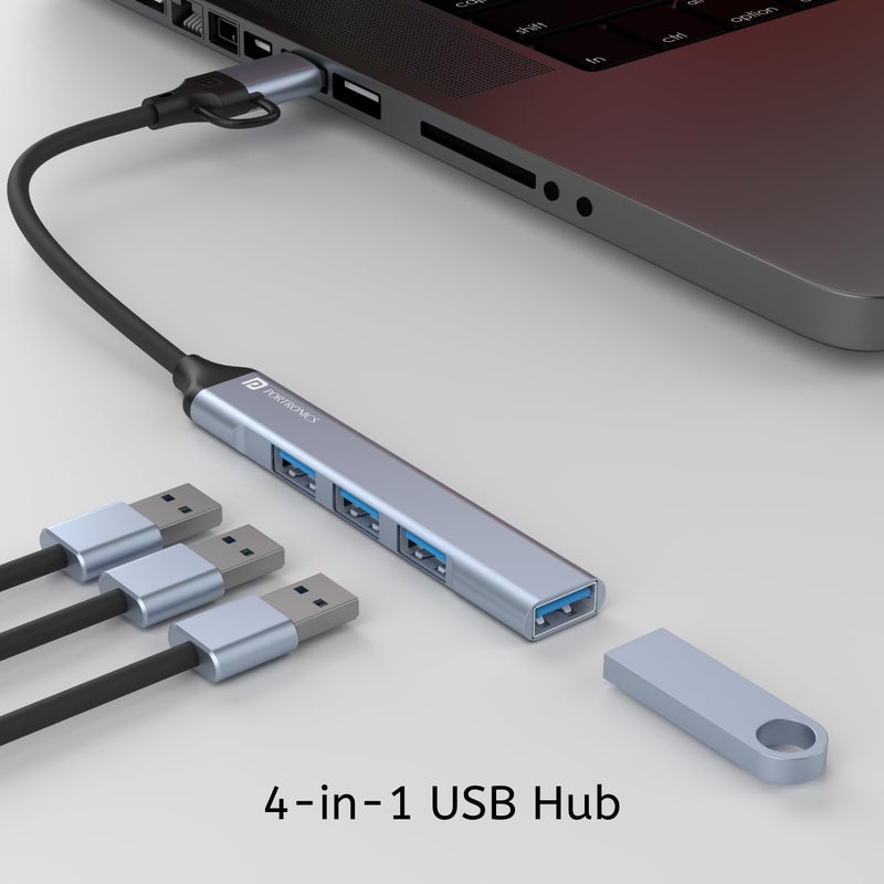 Portronics محور Mport 31 Pro USB 3.0 (4 في 1) مع موصلات مزدوجة Type-C و USB، سرعة فائقة USB 3.0، 3 منافذ USB 2.0 عالية السرعة، سرعة تصل إلى 5 جيجابت في الثانية، هيكل معدني من سبائك الألمنيوم، للابتوب، الكمبيوتر الشخصي، ماك - Image 3