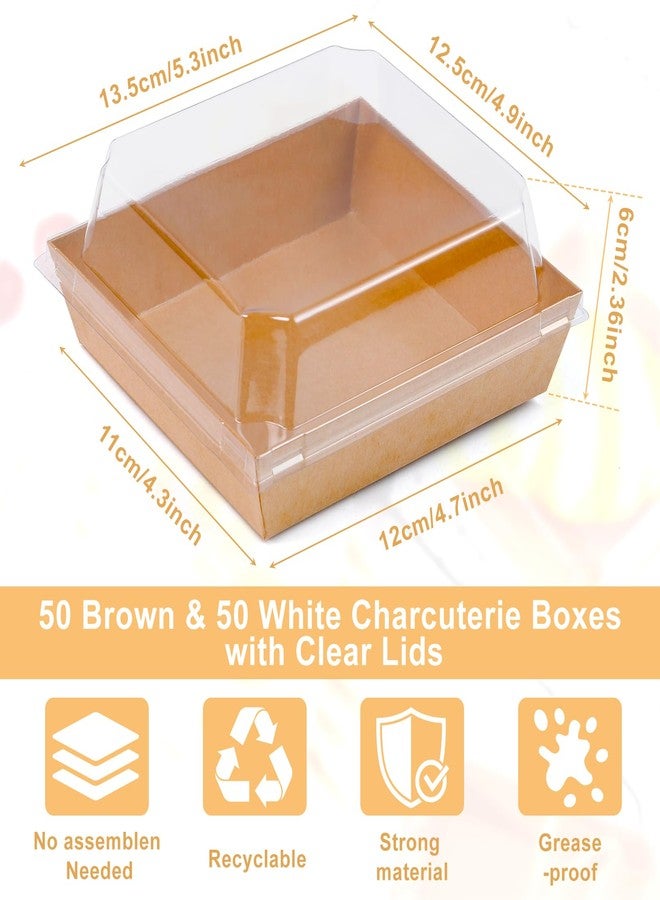 Xvvirnt 100 Pack Charcuterie Boxes with Clear Lids,5.3"×4.9"×2.36" Mini Charcuterie Box,Disposable Food Containers,Disposable Paper Dessert Boxes for Sandwiches,Cookie,Cake Slice(50 Brown & 50 White) - Image 2
