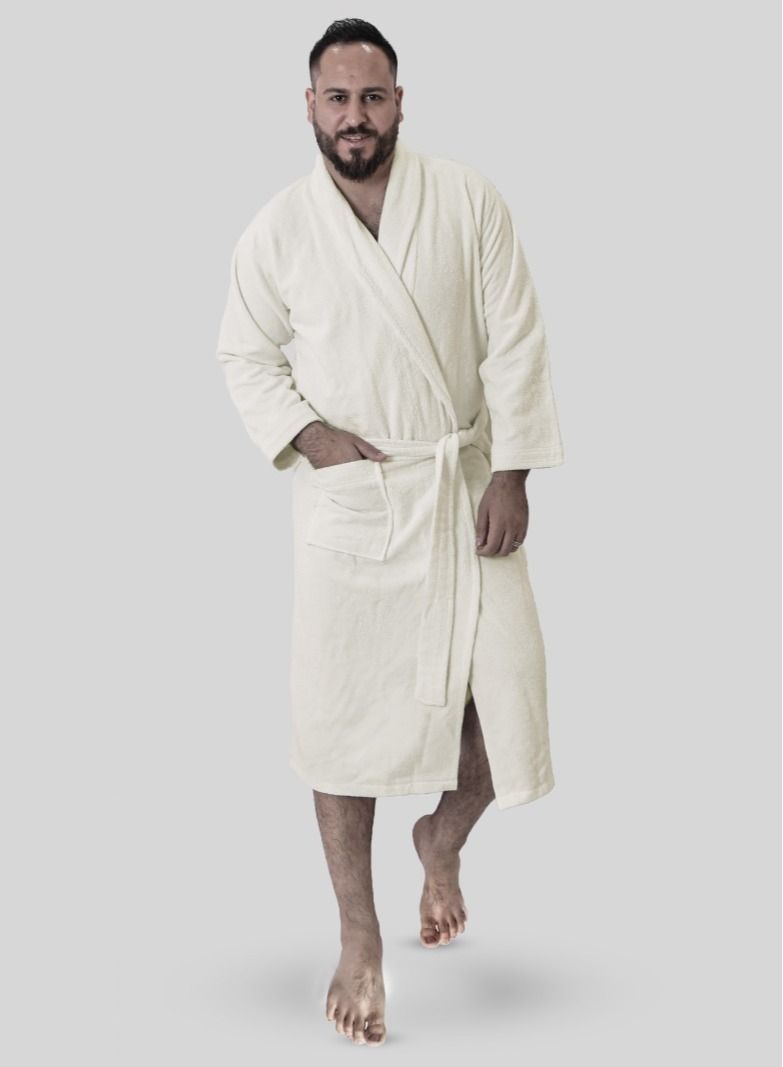 Banotex Men's soft cotton bathrobe, with a pocket and a distinctive waist belt in an elegant design in off-white color multiple sizes  - Image 1