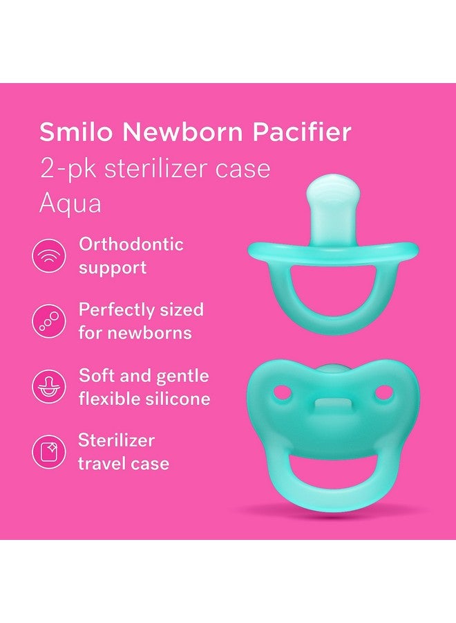 Smilo Newborn Baby Pacifier with Sterilization Box - 2 Pack of Orthodontic Pacifiers for Babies from 0-2 Months - Expands to Support The Palate During Soothing - BPA-Free - Aqua - Image 1