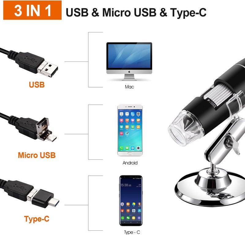 الكيان مجهر رقمي محمول بمنفذ USB بتكبير يتراوح من 40 إلى 1000 مرة، كاميرا فيديو صغيرة بعدد 8 مصابيح ليد لنظام التشغيل ويندوز 7/ 8/ 10 وماك ولينكس وأندرويد (مع او تي جي) - Image 2
