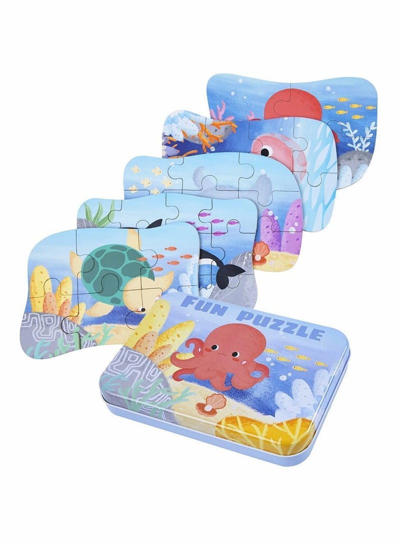 Sea Animal Puzzles for 3 4 5 6 Year Olds, 5-in-1 Jigsaw with Iron Box Storage, Puzzle Toys Gifts Boys, Girls, Kids and Children (Sea Puzzles) - Image 1