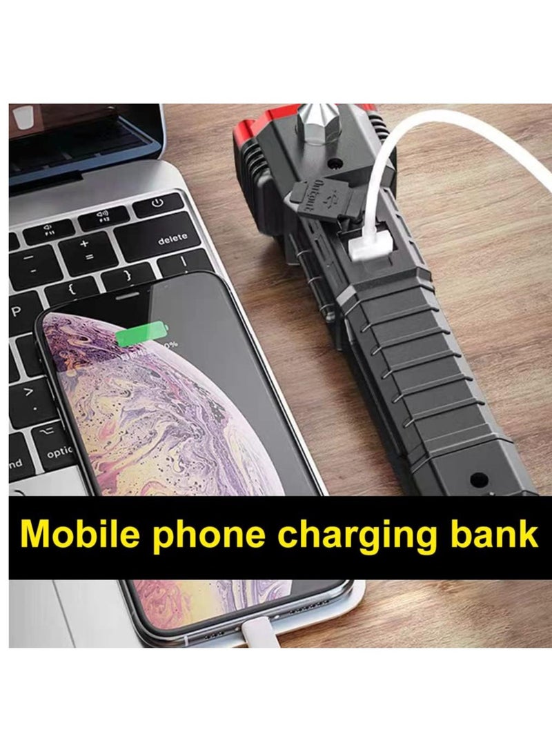 Multifunctional Waterproof Flashlight Outdoor Rechargeable Three Speed Dimming With Safety Hammer