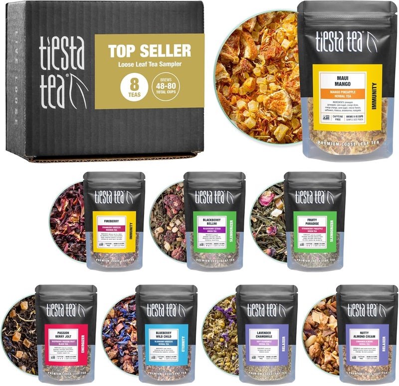 Tiesta Tea Top 8 Favorites Sampler Set - Loose Leaf Variety Pack with Green, Herbal, Black & Chai - 8 Sample Pouches for Up to 80 Cups - Image 1