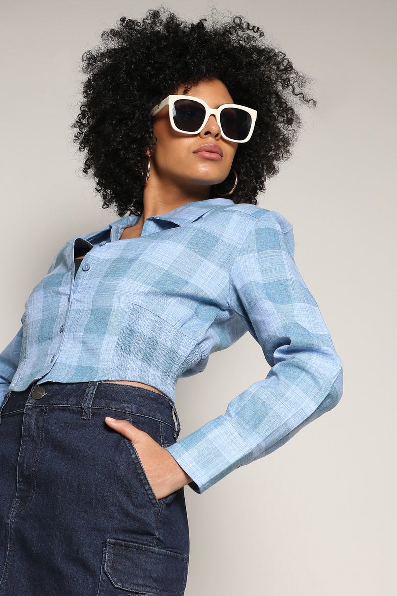 Campus Sutra Women's Blue Buffallo Check Cinched Cropped Shirt  - Image 1