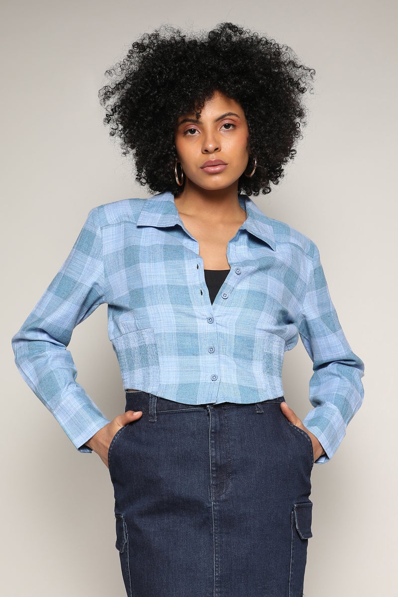 Campus Sutra Women's Blue Buffallo Check Cinched Cropped Shirt  - Image 2