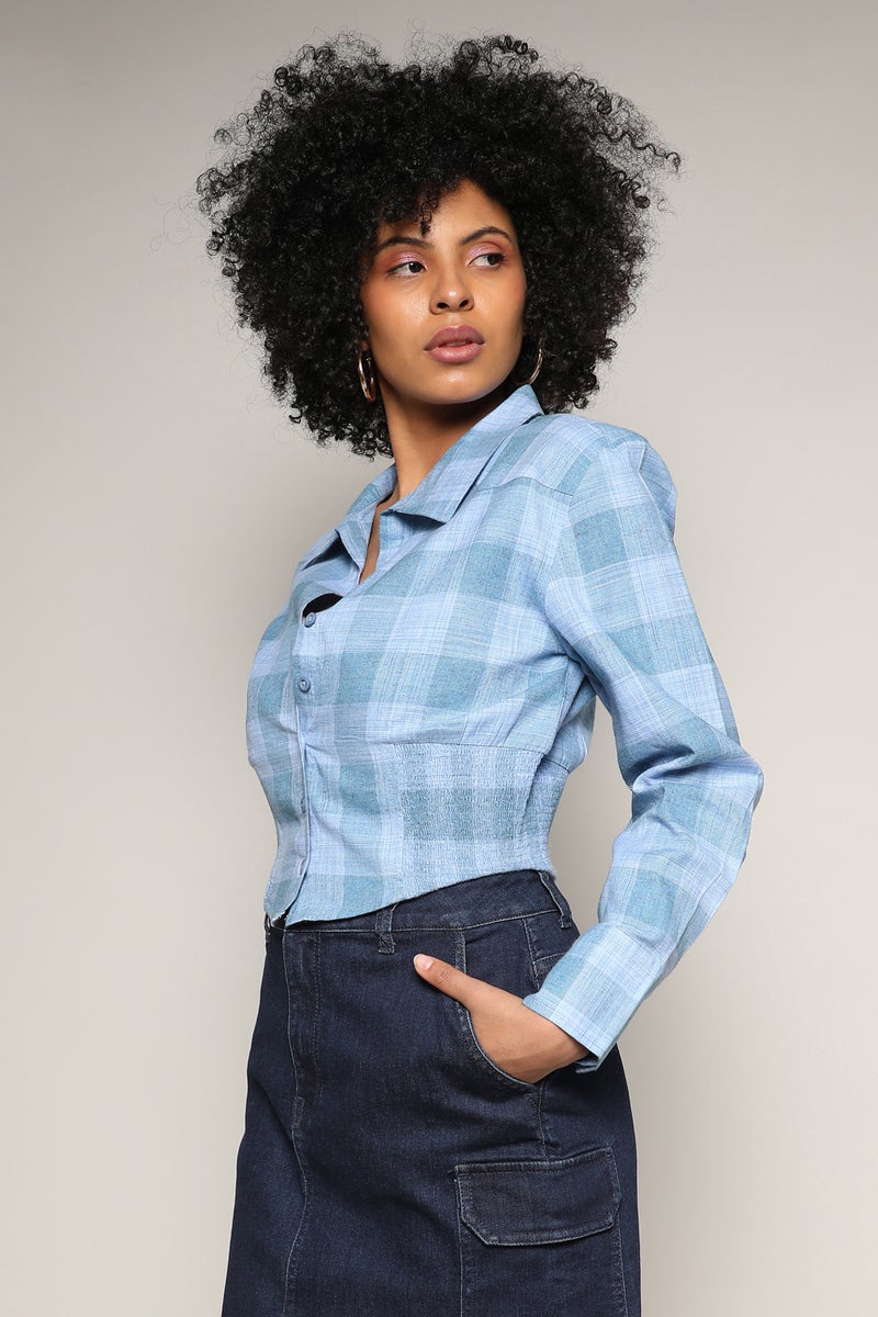 Campus Sutra Women's Blue Buffallo Check Cinched Cropped Shirt  - Image 3