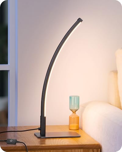EDISHINE Curved LED Table Lamp Modern Bedside Lamp with 3 Color Temperature Stepless Dimming Aluminum Iron Nightstand Lamp for Bedroom Living Room Black - Image 1