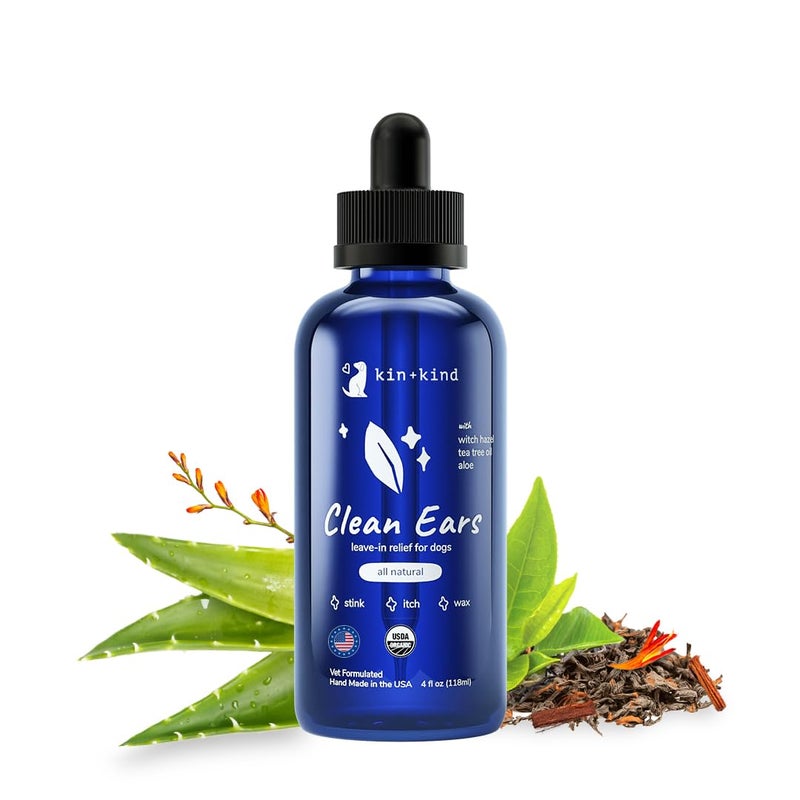 kin+kind Organic Ear Cleaner for Dogs - Made in The USA - Easy to Use & Mess-Free Dog Ear Drops for Wax, Odor, & Itchy Dog Ears w/Witch Hazel, Tea Tree Oil, & Aloe Vera - Ear Wash for Dogs (4 fl oz) - Image 1