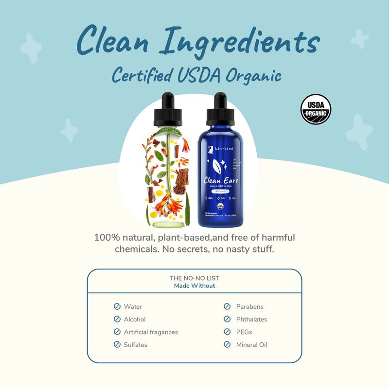 kin+kind Organic Ear Cleaner for Dogs - Made in The USA - Easy to Use & Mess-Free Dog Ear Drops for Wax, Odor, & Itchy Dog Ears w/Witch Hazel, Tea Tree Oil, & Aloe Vera - Ear Wash for Dogs (4 fl oz) - Image 4