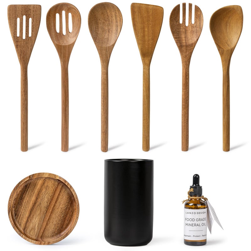 Lanzo Design Kitchen Utensil Set 8 pcs Wooden Cooking Utensils Spatula Set with Ceramic Holder Black Holder