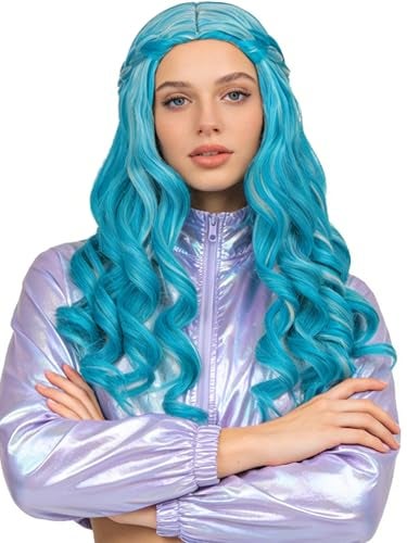 Half And Half Long Curly Blue Wig Gradient Blue Middle Part Wave Wigs Rhinestones Wig Cap For Costumes Party - Image 1