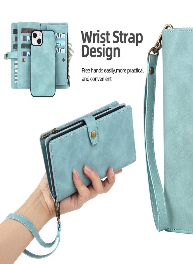 TwoHead Designed for iPhone 13 Wallet Case with Card Holder,Detachable Magnetic Phone Case with Wallet PU Leather Wallet Phone Case for iPhone 13 Case Wallet for Women/Men with Wrist Strap(Blue) - Image 4