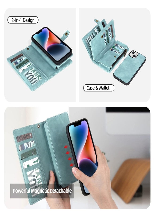 TwoHead Designed for iPhone 13 Wallet Case with Card Holder,Detachable Magnetic Phone Case with Wallet PU Leather Wallet Phone Case for iPhone 13 Case Wallet for Women/Men with Wrist Strap(Blue) - Image 3