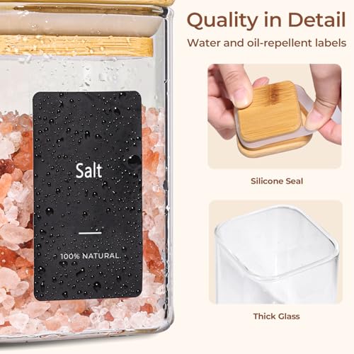 ComSaf 12Pcs Spice Jars with Labels Glass Jar with Bamboo Lid 4oz Airtight Square Spice Containers with Black Lables Empty Seasoning Jars for Spice Salt Pepper Sugar - Image 3