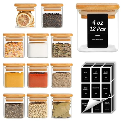 ComSaf 12Pcs Spice Jars with Labels Glass Jar with Bamboo Lid 4oz Airtight Square Spice Containers with Black Lables Empty Seasoning Jars for Spice Salt Pepper Sugar - Image 1