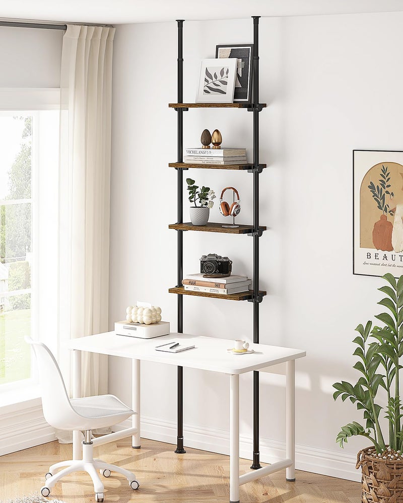 ALLZONE Adjustable Tall Narrow Bookshelf for Bedroom, 4-Tier Ladder Bookcase for Small Spaces, Tension Mount Tall Skinny Book Shelf with Open Storage, 64 to 113Inch Height - Image 1