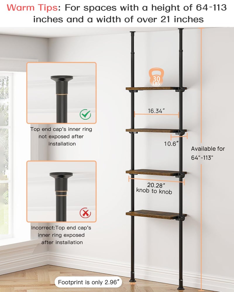 ALLZONE Adjustable Tall Narrow Bookshelf for Bedroom, 4-Tier Ladder Bookcase for Small Spaces, Tension Mount Tall Skinny Book Shelf with Open Storage, 64 to 113Inch Height - Image 2