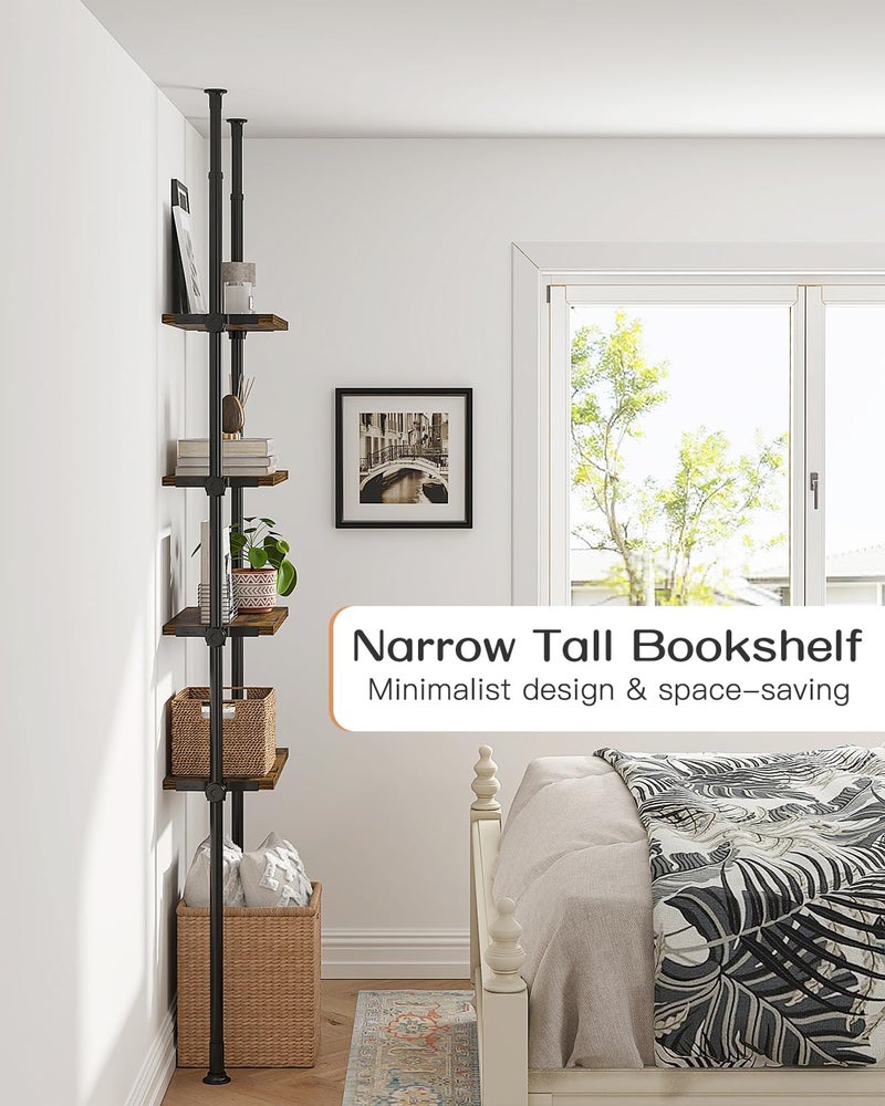 ALLZONE Adjustable Tall Narrow Bookshelf for Bedroom, 4-Tier Ladder Bookcase for Small Spaces, Tension Mount Tall Skinny Book Shelf with Open Storage, 64 to 113Inch Height - Image 4
