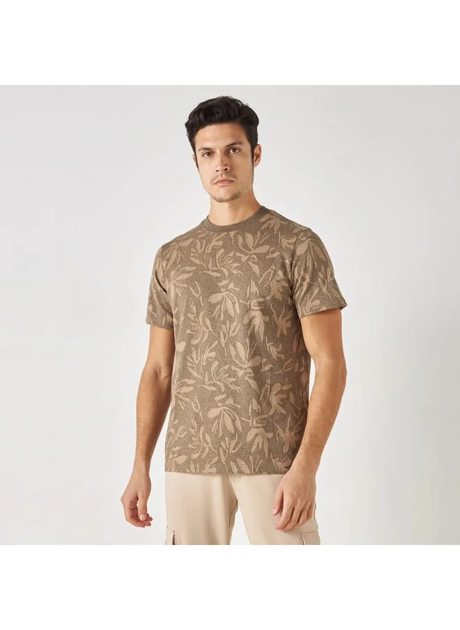 Iconic Iconic Leaf Jacquard T-shirt with Crew Neck and Short Sleeves