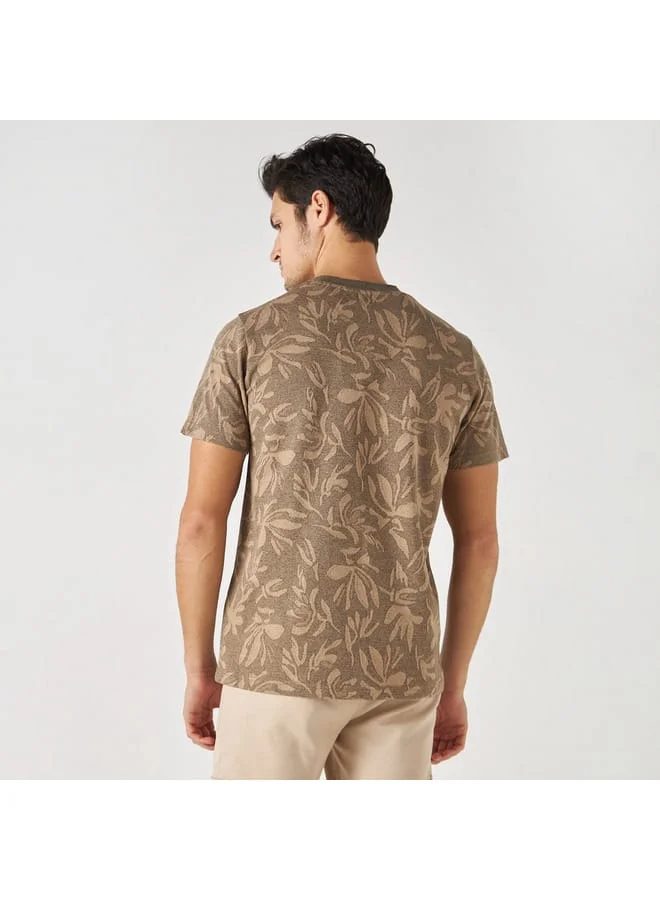 Iconic Iconic Leaf Jacquard T-shirt with Crew Neck and Short Sleeves