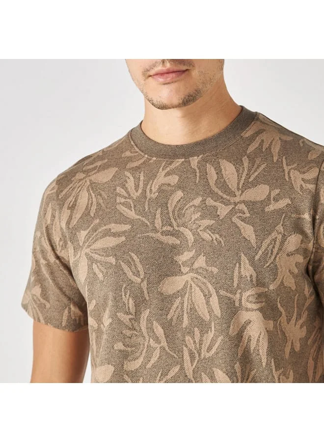 Iconic Iconic Leaf Jacquard T-shirt with Crew Neck and Short Sleeves