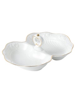 Life Smile LIFE SMILE Two Section Serving Dish with Center Handle - Large White Bone China Tray for Desserts, Cakes, Salads & Appetizers with Gold Trim  - Image 1