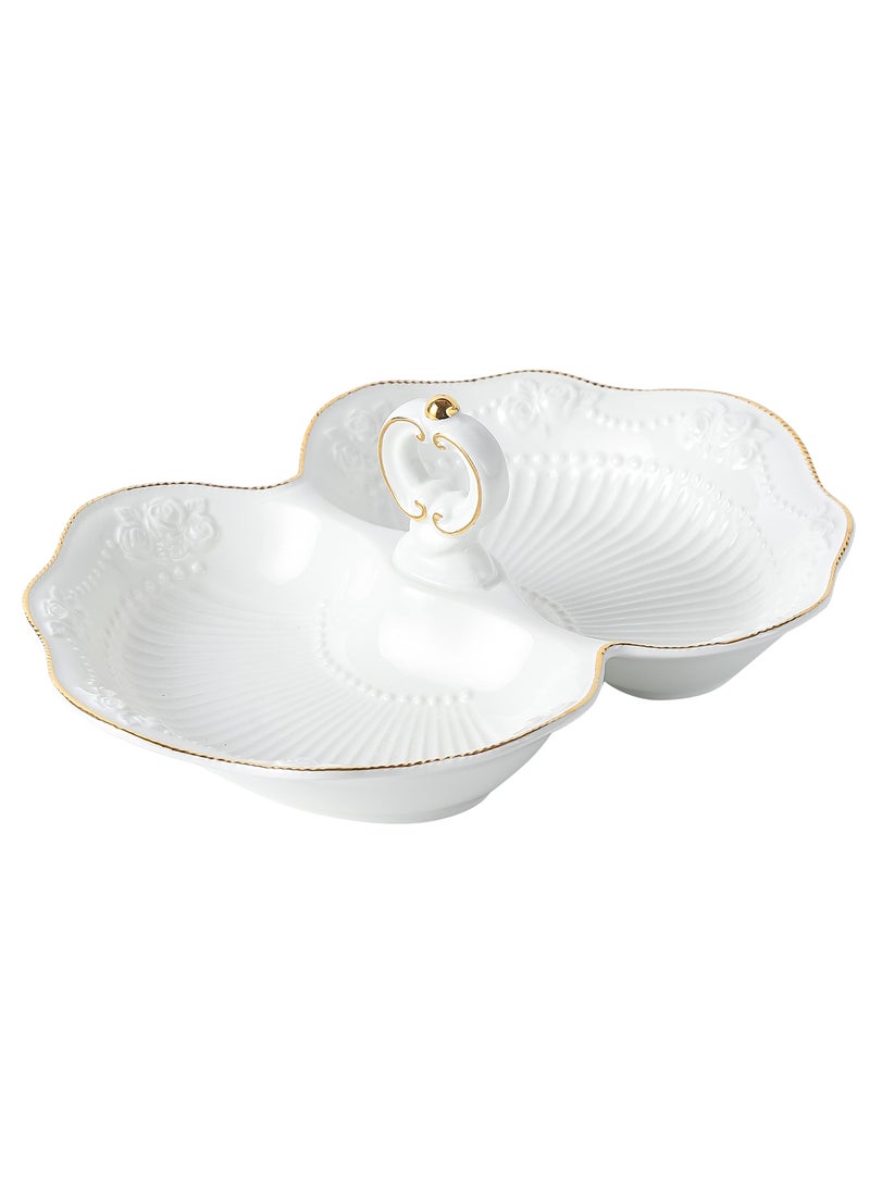 Life Smile LIFE SMILE Two Section Serving Dish with Center Handle - Large White Bone China Tray for Desserts, Cakes, Salads & Appetizers with Gold Trim  - Image 1