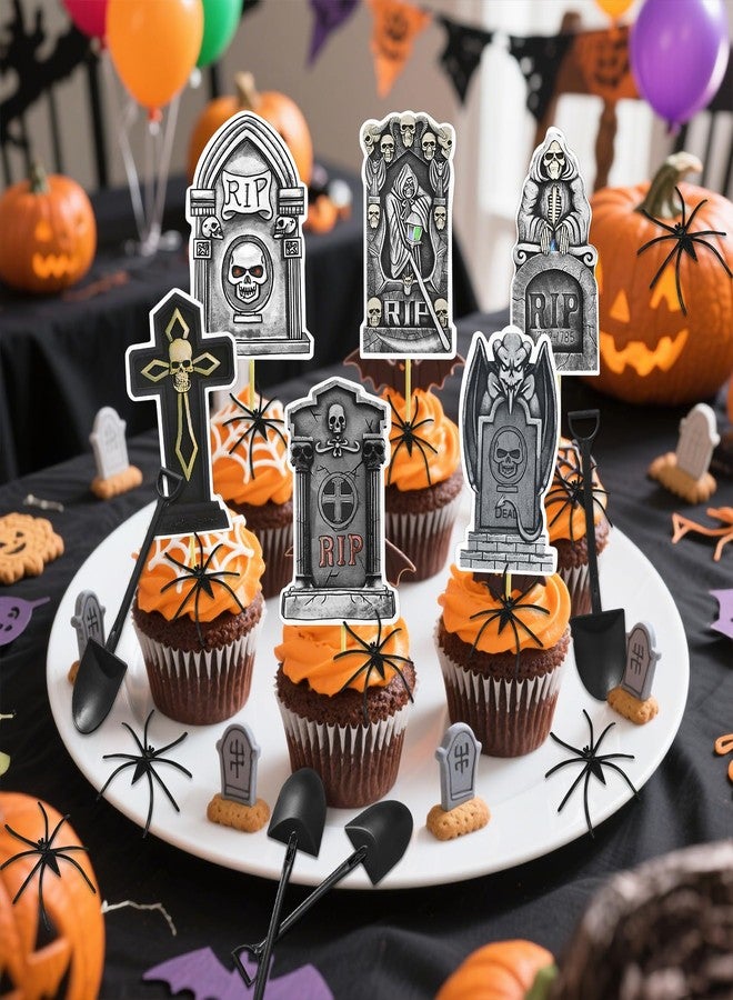 Knana 72Pcs Halloween Tombstone Cupcake Toppers RIP Cupcake Toppers with Mini Shovel Spoons Spider Decorations for Halloween Party Decorations Supplies - Image 5