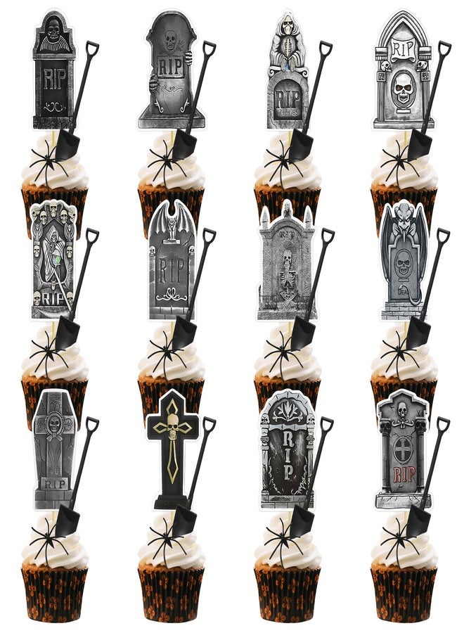 Knana 72Pcs Halloween Tombstone Cupcake Toppers RIP Cupcake Toppers with Mini Shovel Spoons Spider Decorations for Halloween Party Decorations Supplies - Image 1