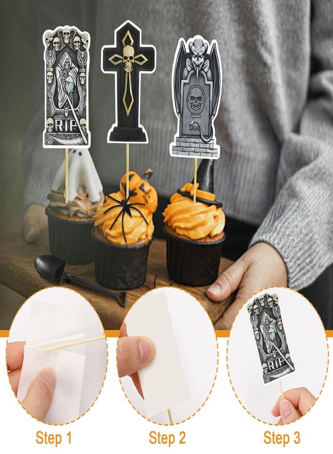 Knana 72Pcs Halloween Tombstone Cupcake Toppers RIP Cupcake Toppers with Mini Shovel Spoons Spider Decorations for Halloween Party Decorations Supplies - Image 3