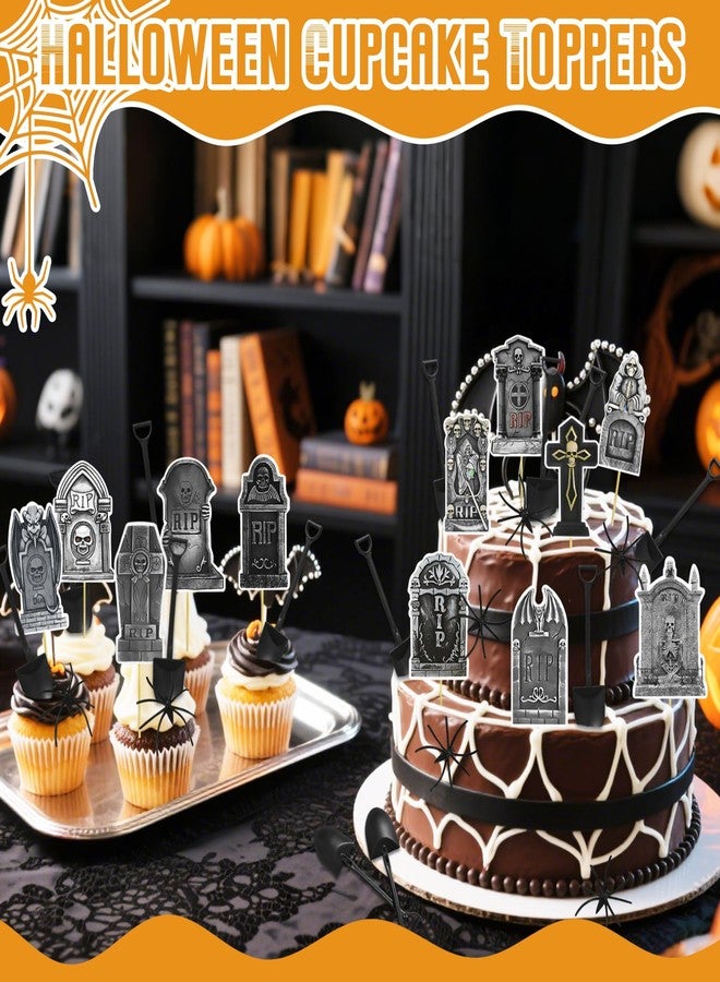 Knana 72Pcs Halloween Tombstone Cupcake Toppers RIP Cupcake Toppers with Mini Shovel Spoons Spider Decorations for Halloween Party Decorations Supplies - Image 4
