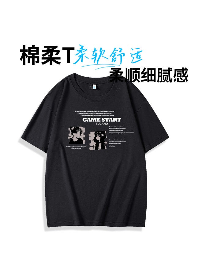 Tucano Cartoon Anime Letter Print T-shirt Men's Short Sleeve Summer Loose Trendy Stylish Bad Boy Style Half Sleeve Top - Image 2