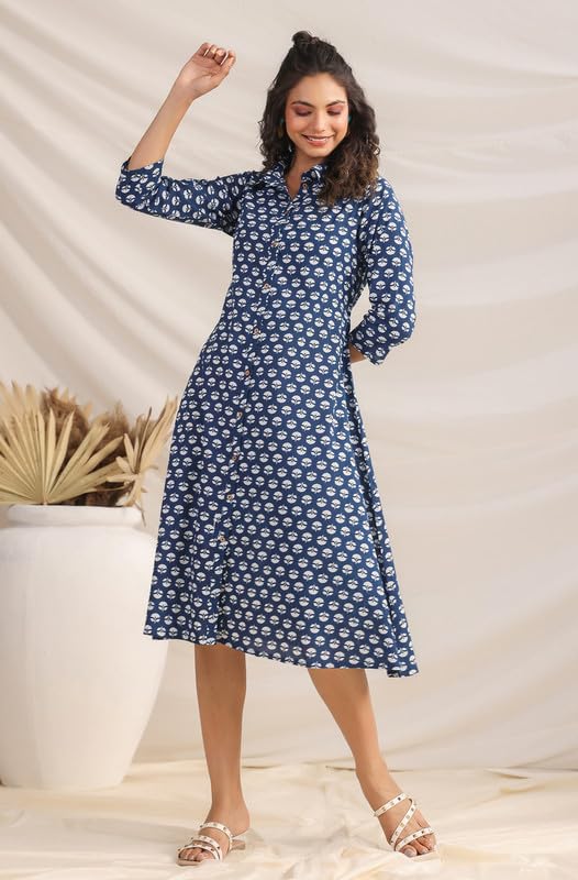 Janasya Women's Indigo Pure Cotton Ethnic Motifs Printed Button Down Shirt Style Dress (JAA24DR00292-S) - Image 3