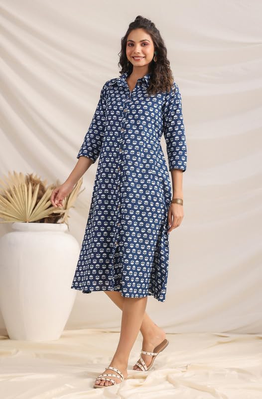Janasya Women's Indigo Pure Cotton Ethnic Motifs Printed Button Down Shirt Style Dress (JAA24DR00292-S) - Image 2