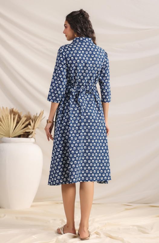 Janasya Women's Indigo Pure Cotton Ethnic Motifs Printed Button Down Shirt Style Dress (JAA24DR00292-S) - Image 4