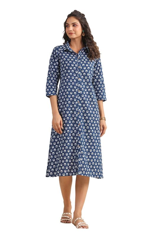 Janasya Women's Indigo Pure Cotton Ethnic Motifs Printed Button Down Shirt Style Dress (JAA24DR00292-S) - Image 1