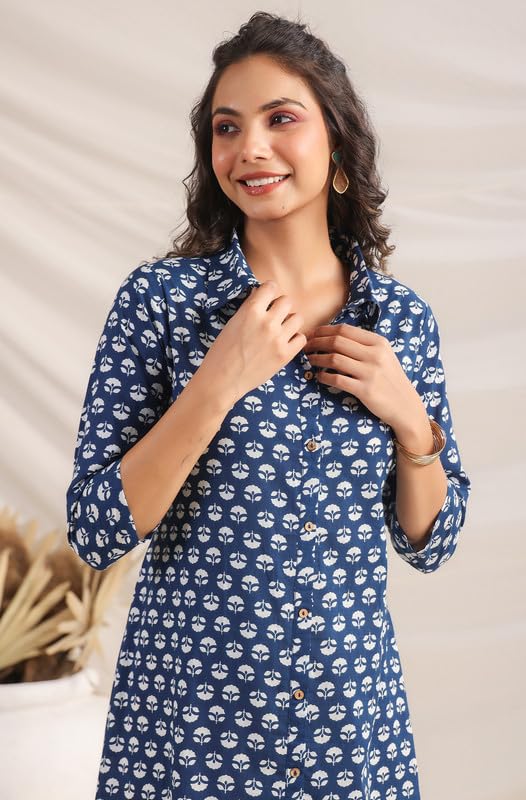 Janasya Women's Indigo Pure Cotton Ethnic Motifs Printed Button Down Shirt Style Dress (JAA24DR00292-S) - Image 5