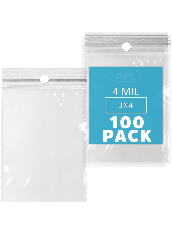 GPI POLY GPI - 3" X 4" Clear Plastic Zip Bags, 100 Count, Heavy-Duty 4 Mil Thick Durable Poly Baggies With Resealable Zipper Lock, Hang-Hole For Display. - Image 1