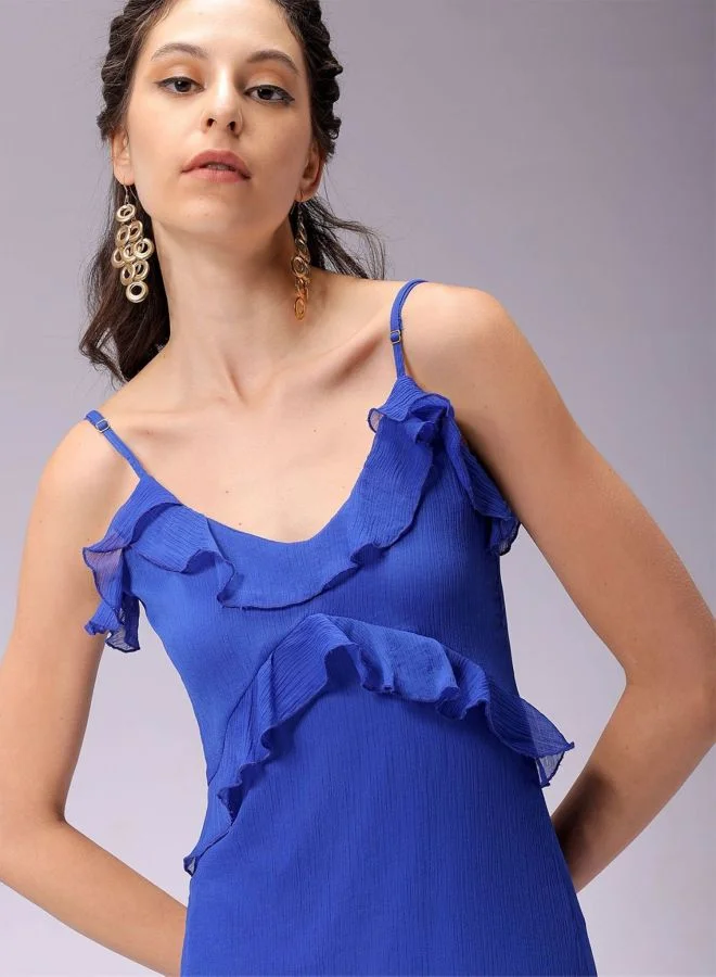 Freehand Women Fit and Flared Solid V-Neck Sleeveless Ruffle Dress