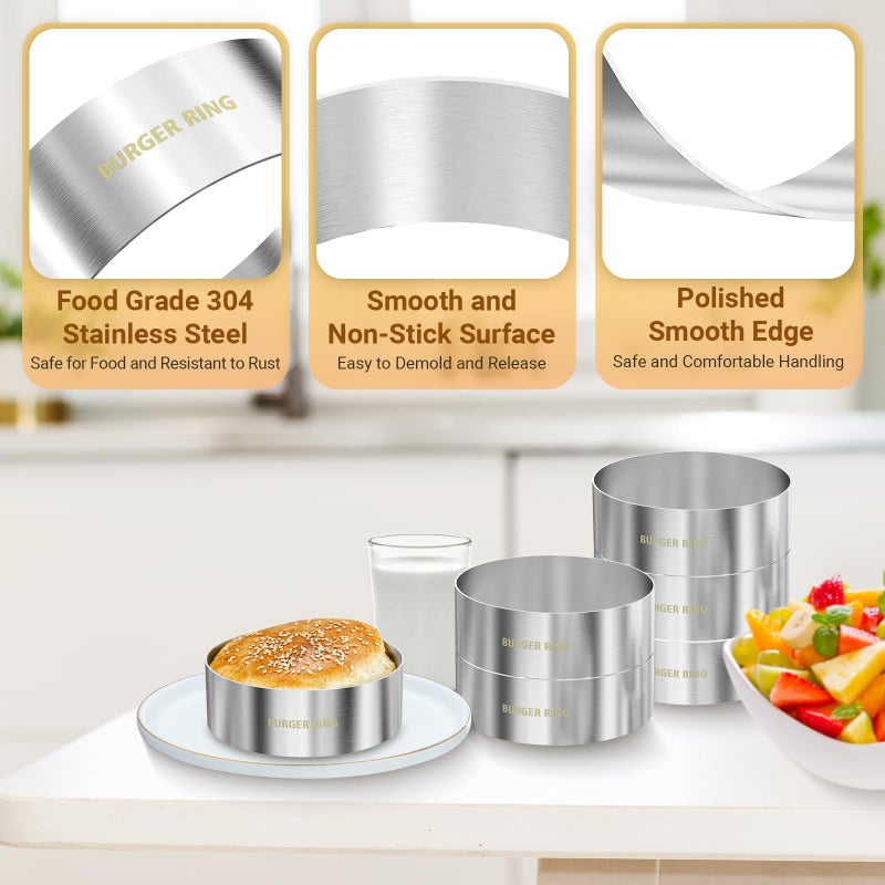 diatomiteco Hamburger Bun Rings, Burger Mold, 4.2 inch Large Ring Molds for Cooking, Set of 6, Nonstick, Made of Food Grade 304 Stainless Steel, Cooking Rings for Fried Eggs, Crumpets, Pancakes, Muffins and More - Image 2