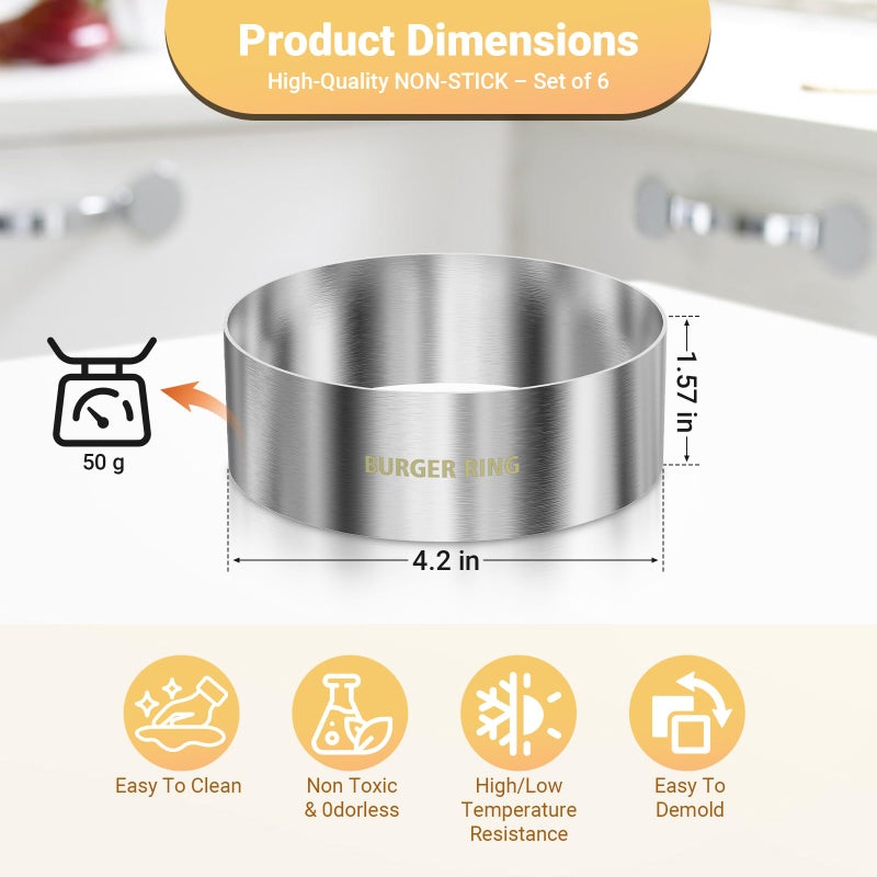 diatomiteco Hamburger Bun Rings, Burger Mold, 4.2 inch Large Ring Molds for Cooking, Set of 6, Nonstick, Made of Food Grade 304 Stainless Steel, Cooking Rings for Fried Eggs, Crumpets, Pancakes, Muffins and More - Image 3
