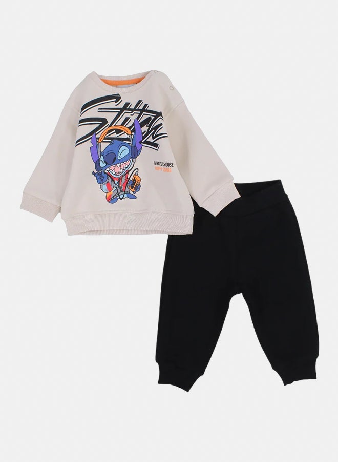 Baby Boys Cotton Pajama Set – Beige with Stitch Print