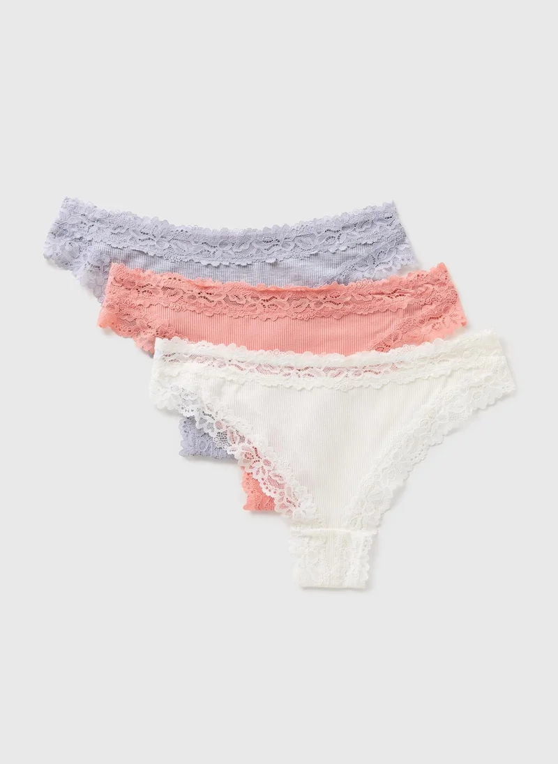 Matalan 3 Pack Multi Coloured Lace Trim Brazilian Knickers