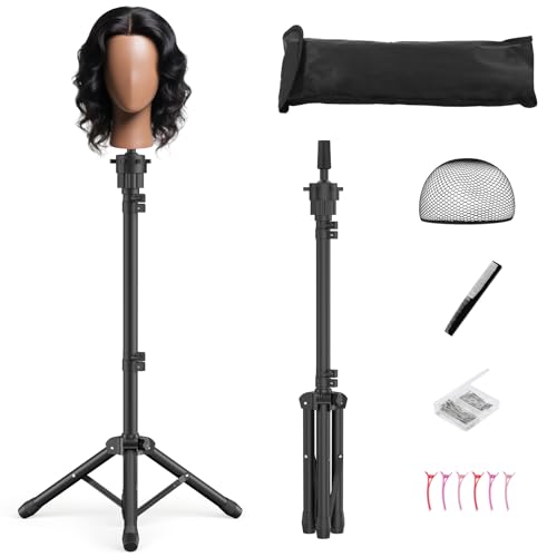 Womnwomn Wig Stand Tripod 50 Inch Adjustable Mannequin Head Stand Wig Head Stand for Cosmetology Hairdressing Training Includes TPins Comb Hair Clips Carrying Bag Head Not Included - Image 1