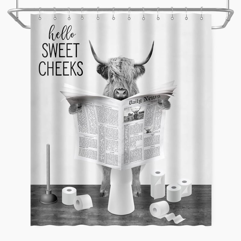 BIYSUC Highland Cow Reading Newspaper Shower Curtain Funny Black and White Cattle on Toilet Humor Animals Rustic Farmhouse Style Bathroom Decor Waterproof Polyester Fabric 72Lx60W Inch with Hooks - Image 2