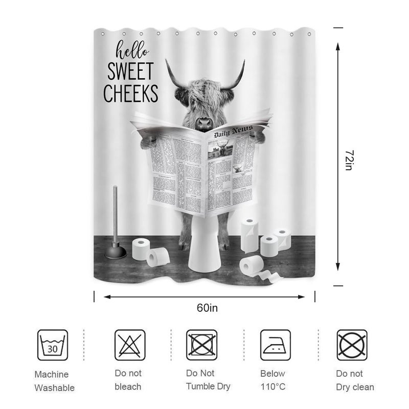 BIYSUC Highland Cow Reading Newspaper Shower Curtain Funny Black and White Cattle on Toilet Humor Animals Rustic Farmhouse Style Bathroom Decor Waterproof Polyester Fabric 72Lx60W Inch with Hooks - Image 3